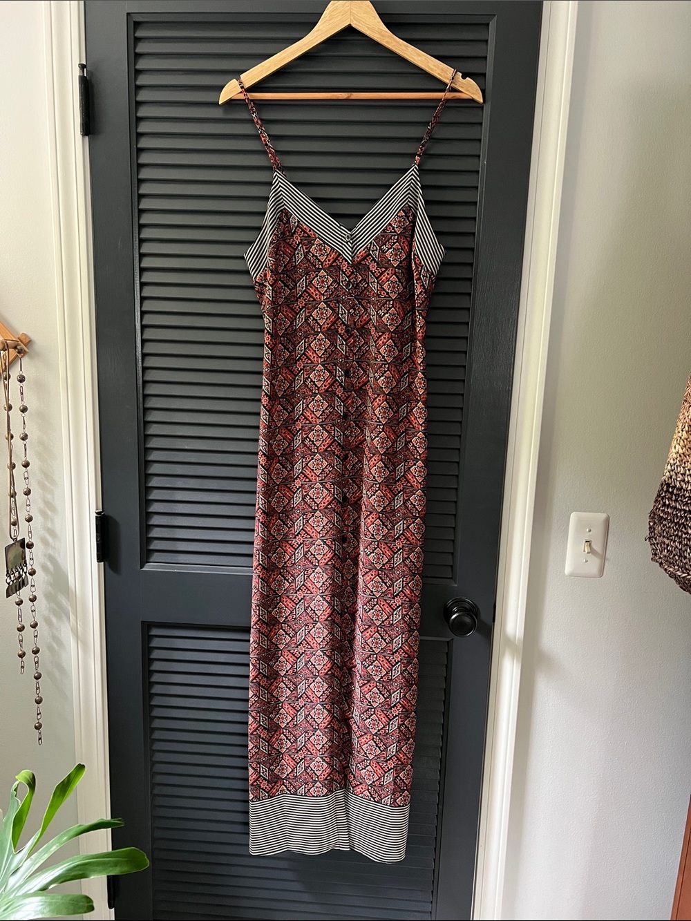 Astr Printed Maxi Dress with Striped Trim - Red and Black